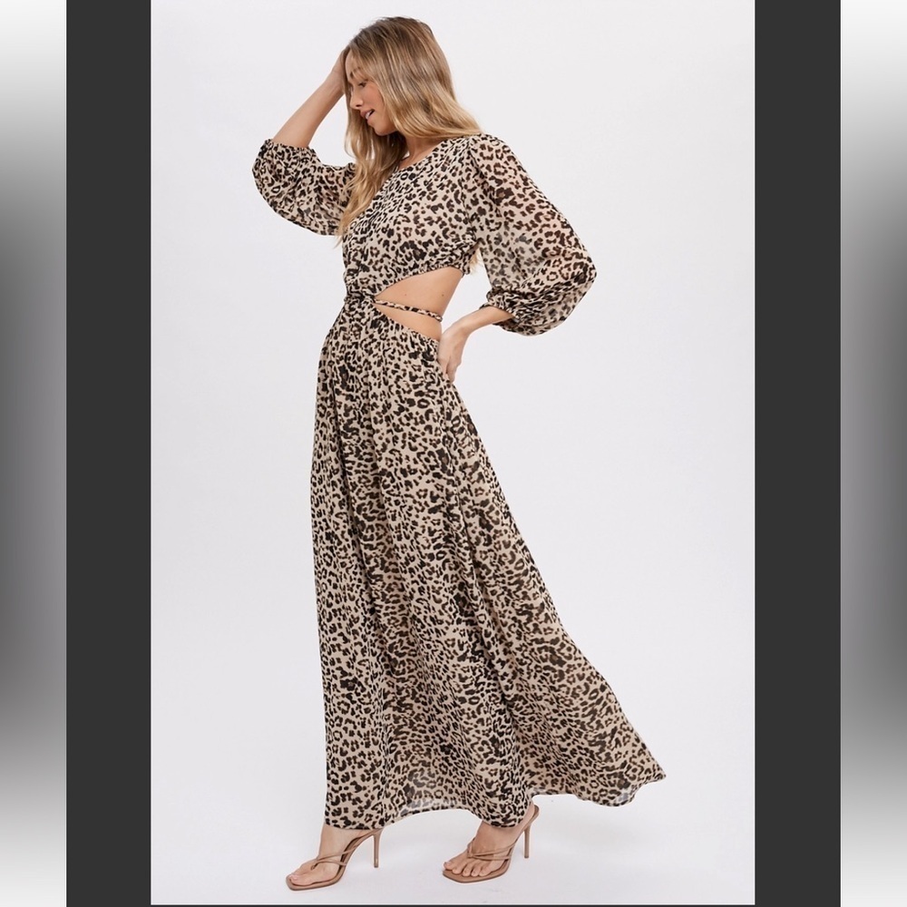 Leopard Long Sleeve Cut Out Open Back Maxi Dress - Picture 5 of 15
